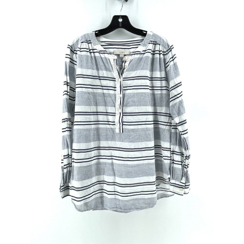 Ann Taylor LOFT Women's White Blue Striped Button Casual Peasant Top Medium Boho - Picture 2 of 8